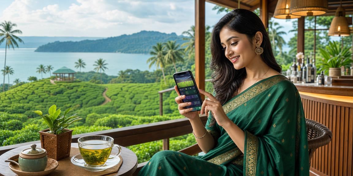 সিলেটে শাড়ি পরা একজন ব্যবহারকারী মোবাইলে x8b স্পোর্টস বেটিং করছেন